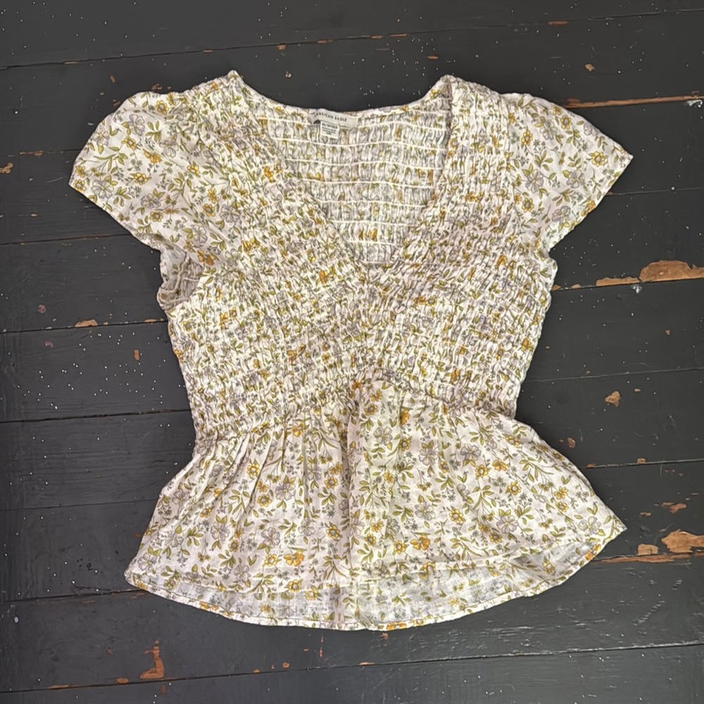 American Eagle Outfitters Cream Flutter Sleeve Peplum Blouse